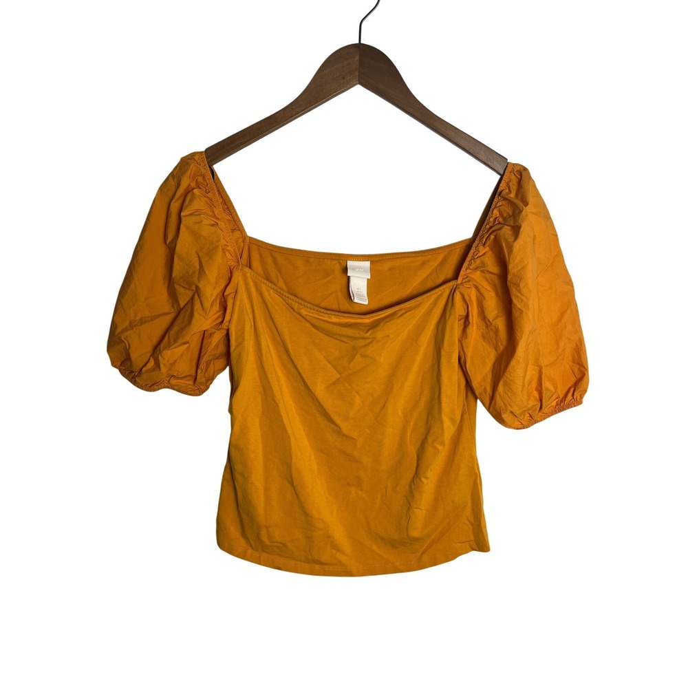 H&M LG Puff Sleeve Square Neck Blouse‎ Mustard Yellow Orange Cotton Top Peasant